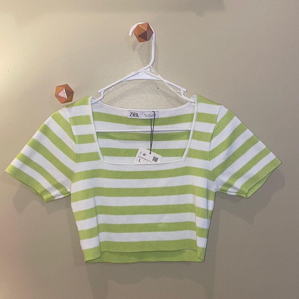 Lime green and white striped ZARA crop top